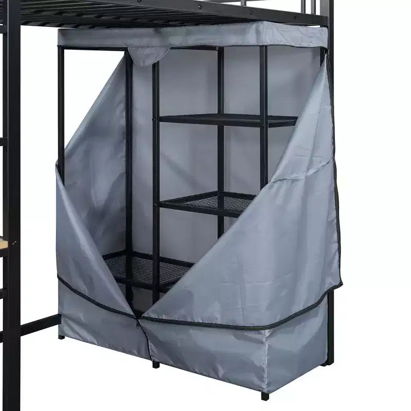 Letto a soppalco in metallo con scrivania integrata, mensole, presa di corrente, luce a LED e armadio in tessuto – Singolo/Matrimoniale