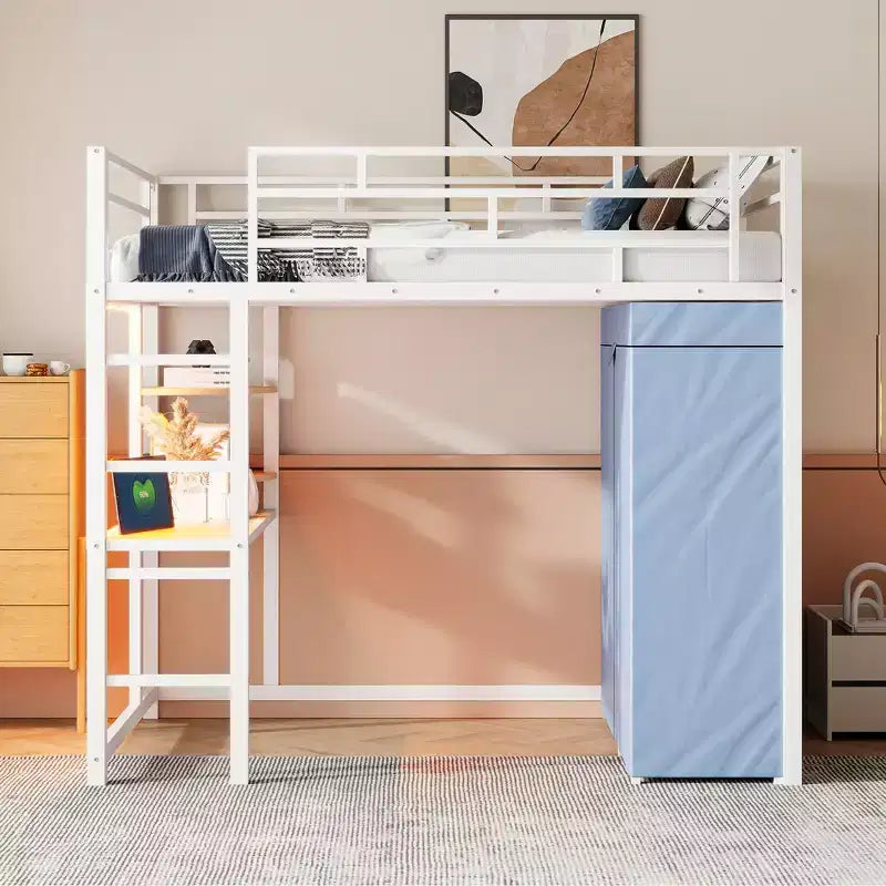 Letto a soppalco in metallo con scrivania integrata, mensole, presa di corrente, luce a LED e armadio in tessuto – Singolo/Matrimoniale