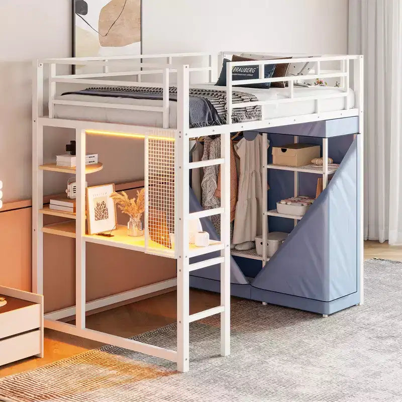 Metal Loft Bed with Built-In Desk, Shelves, Power Outlet, LED Light & Fabric Wardrobe – Twin/Full