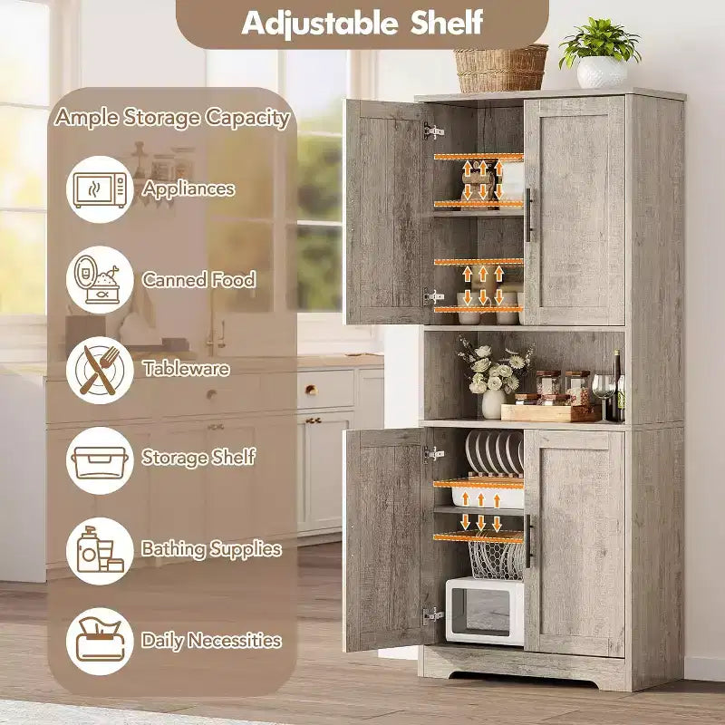 178cm Tall Kitchen Pantry Cabinet with 4 Doors & Adjustable Shelves – Modern Storage Organizer