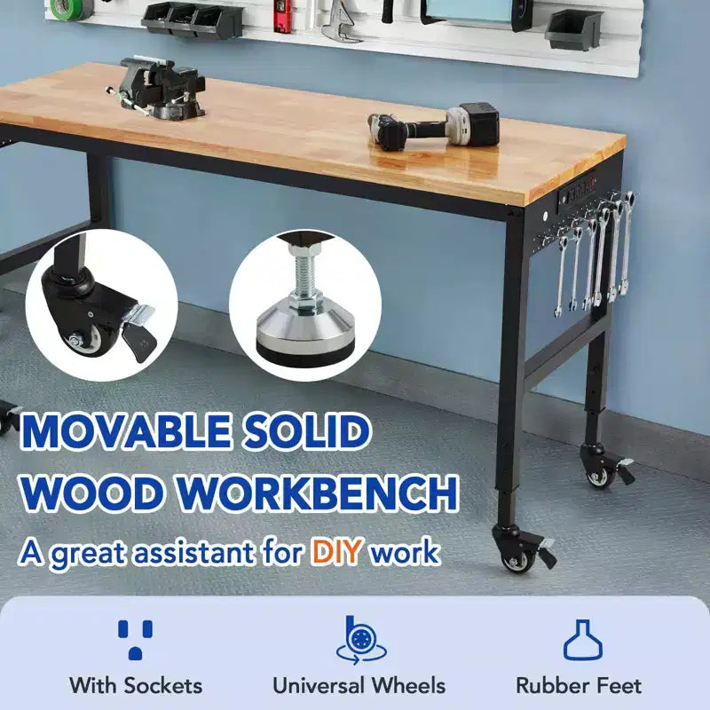 Adjustable Workbench 75"x25" – 2000 lb Capacity, 5 Height Settings, Power Outlet & Locking Wheels