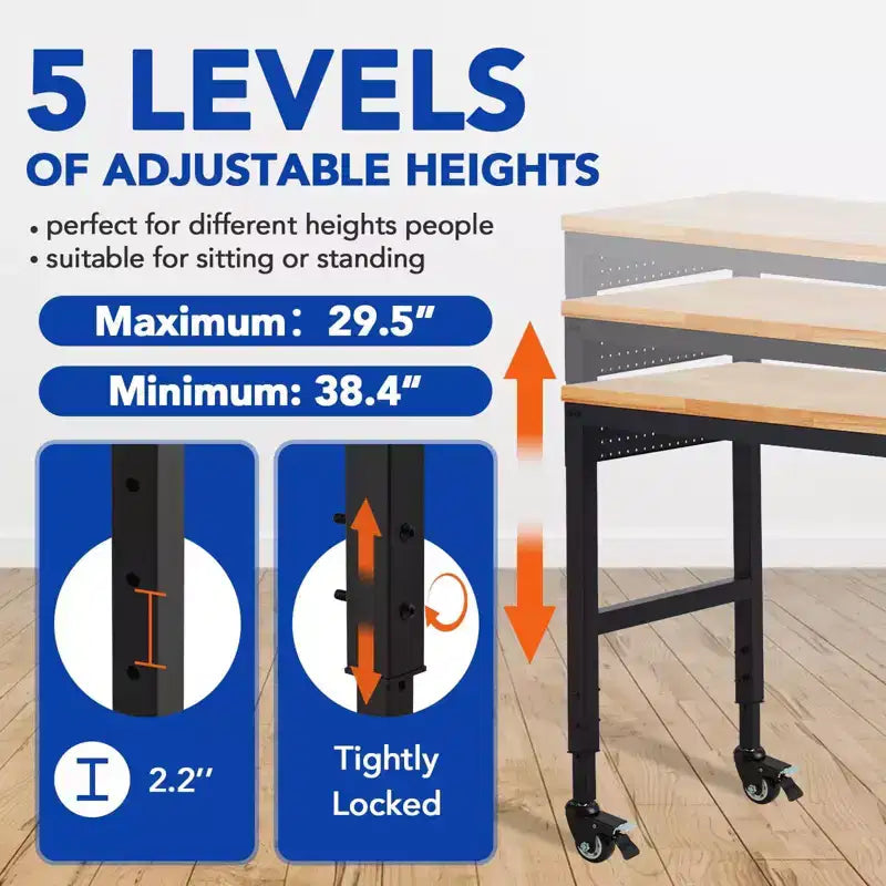 Adjustable Workbench 75"x25" – 2000 lb Capacity, 5 Height Settings, Power Outlet & Locking Wheels