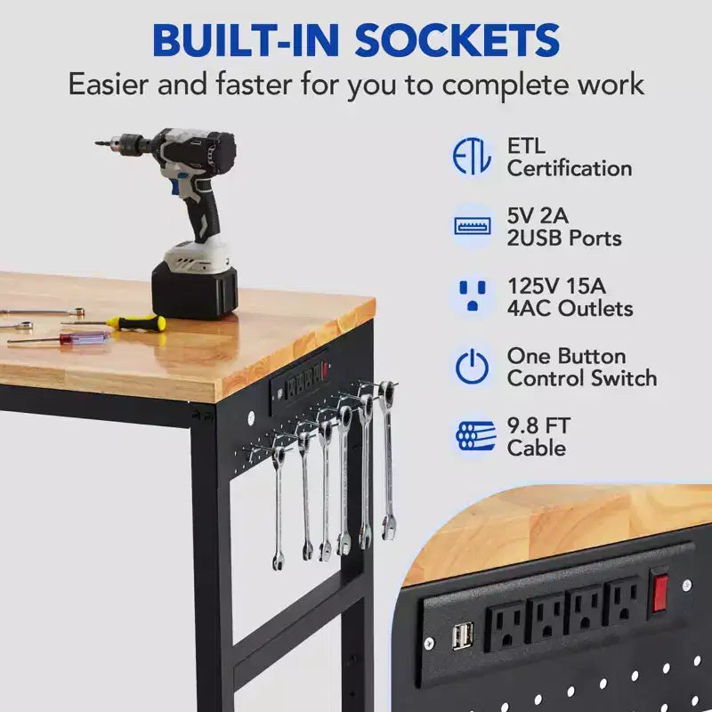 Adjustable Workbench 75"x25" – 2000 lb Capacity, 5 Height Settings, Power Outlet & Locking Wheels