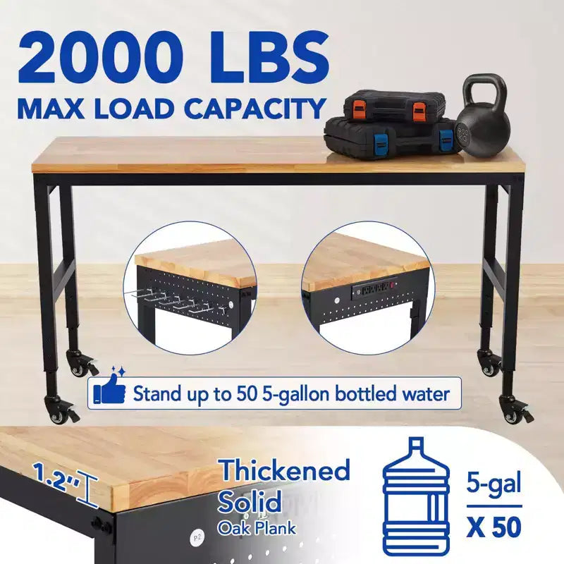 Adjustable Workbench 75"x25" – 2000 lb Capacity, 5 Height Settings, Power Outlet & Locking Wheels