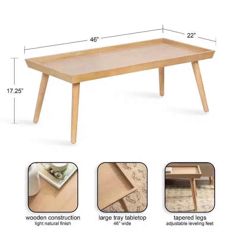 Mid-Century Rectangle Wood Coffee Table – 46"x22"x17", Natural MDF with Wood Veneer Top