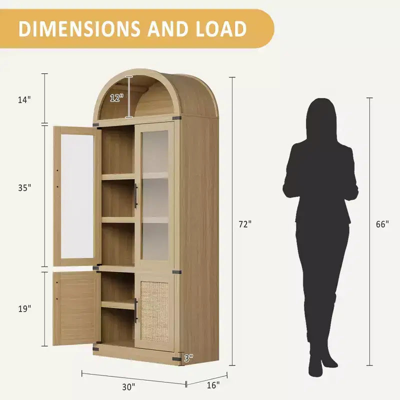 Libreria a 6 ripiani con ante in vetro e ripiano superiore ad arco