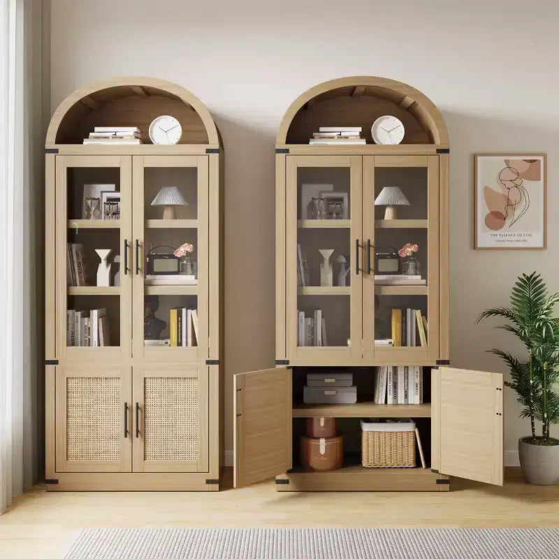 Libreria a 6 ripiani con ante in vetro e ripiano superiore ad arco