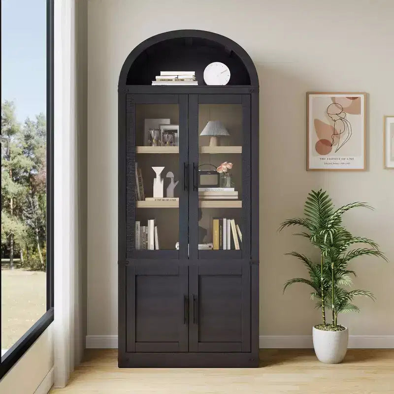 6-Tier Bookcase with Glass Doors and Arched Top