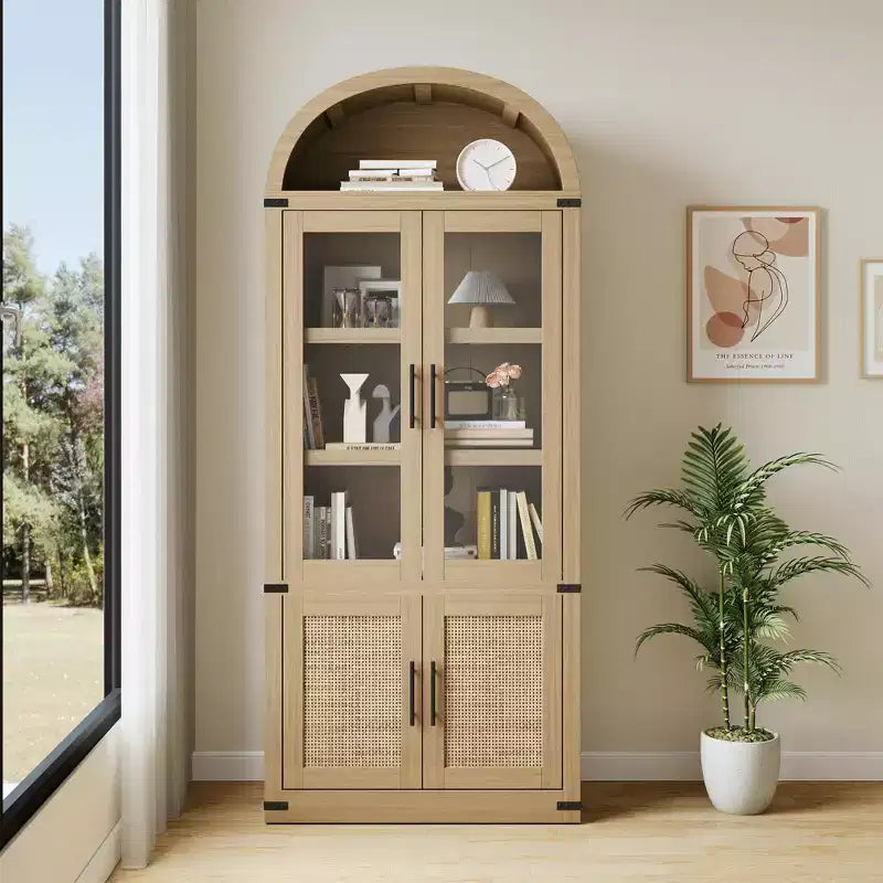 6-Tier Bookcase with Glass Doors and Arched Top