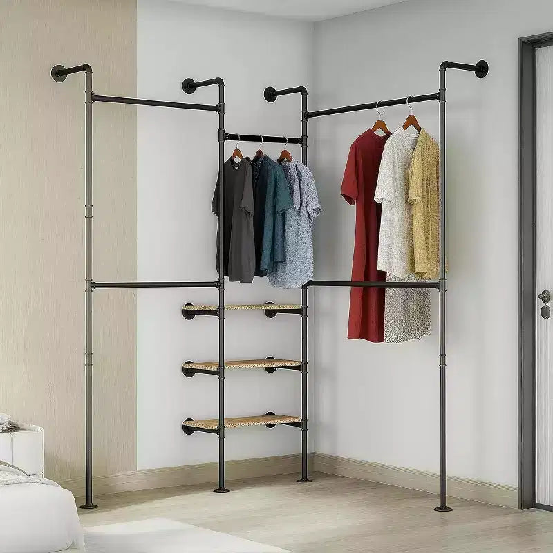 Wall-Mounted Industrial Pipe Clothing Rack with 3 Shelves – 85"Hx81"Wx12"D