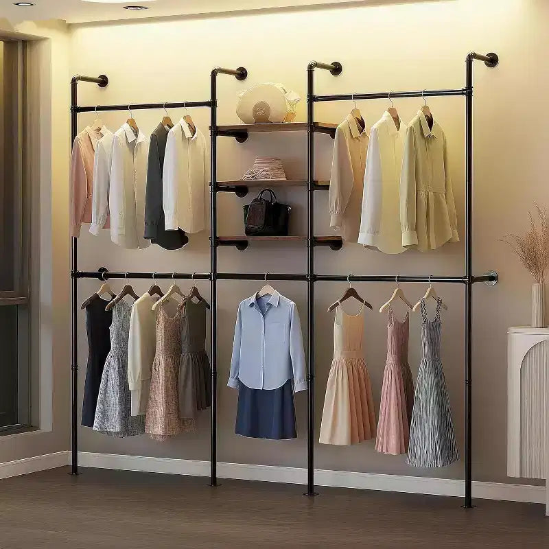 Wall-Mounted Industrial Pipe Clothing Rack with 3 Shelves – 85"Hx81"Wx12"D