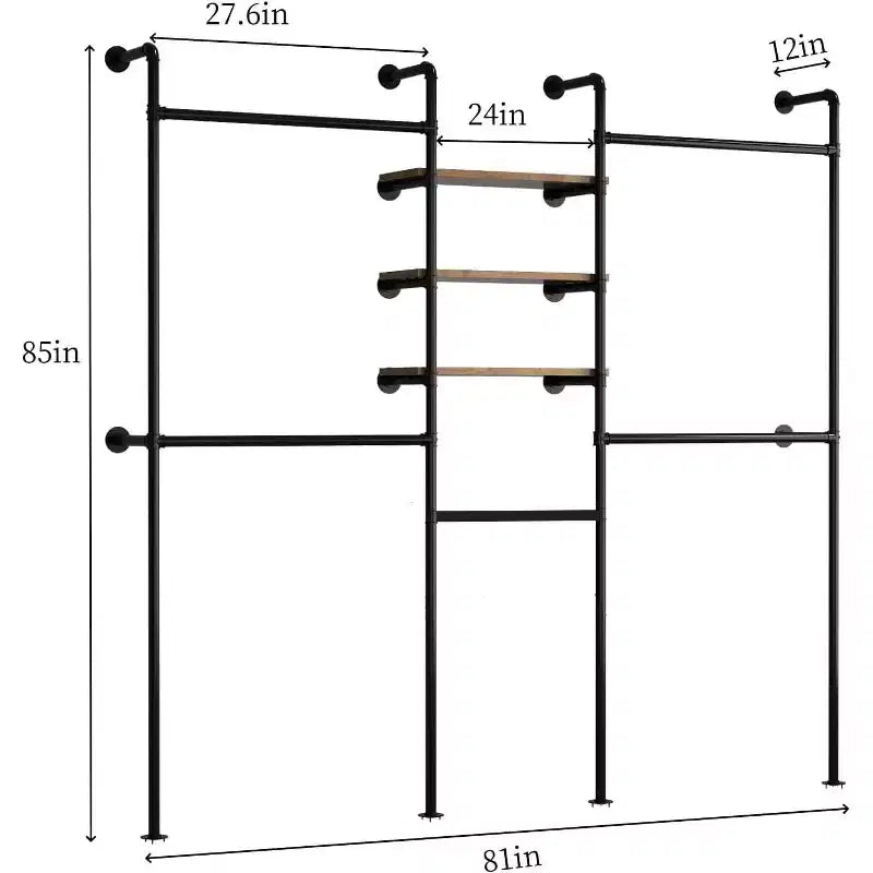 Wall-Mounted Industrial Pipe Clothing Rack with 3 Shelves – 85"Hx81"Wx12"D