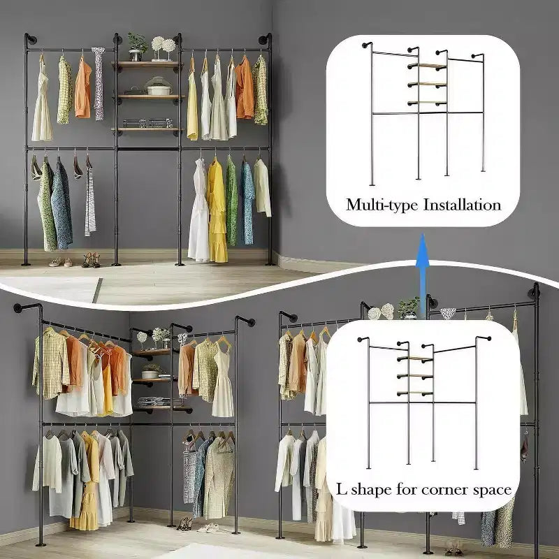 Wall-Mounted Industrial Pipe Clothing Rack with 3 Shelves – 85"Hx81"Wx12"D