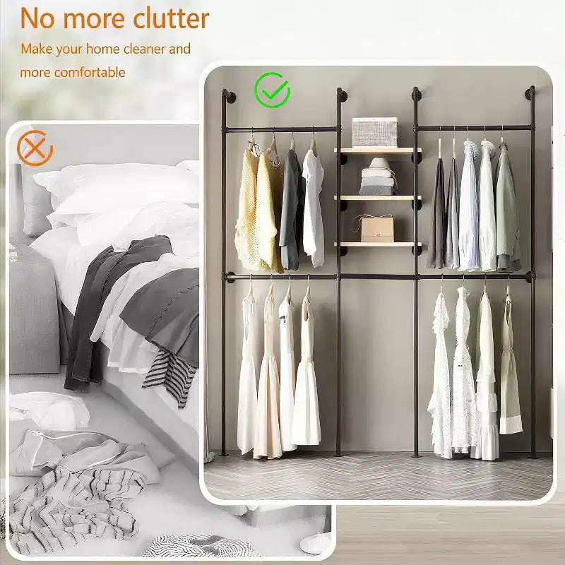Appendiabiti a Muro con Tubi Industriali e 3 Ripiani – 216A x 206L x 30P cm