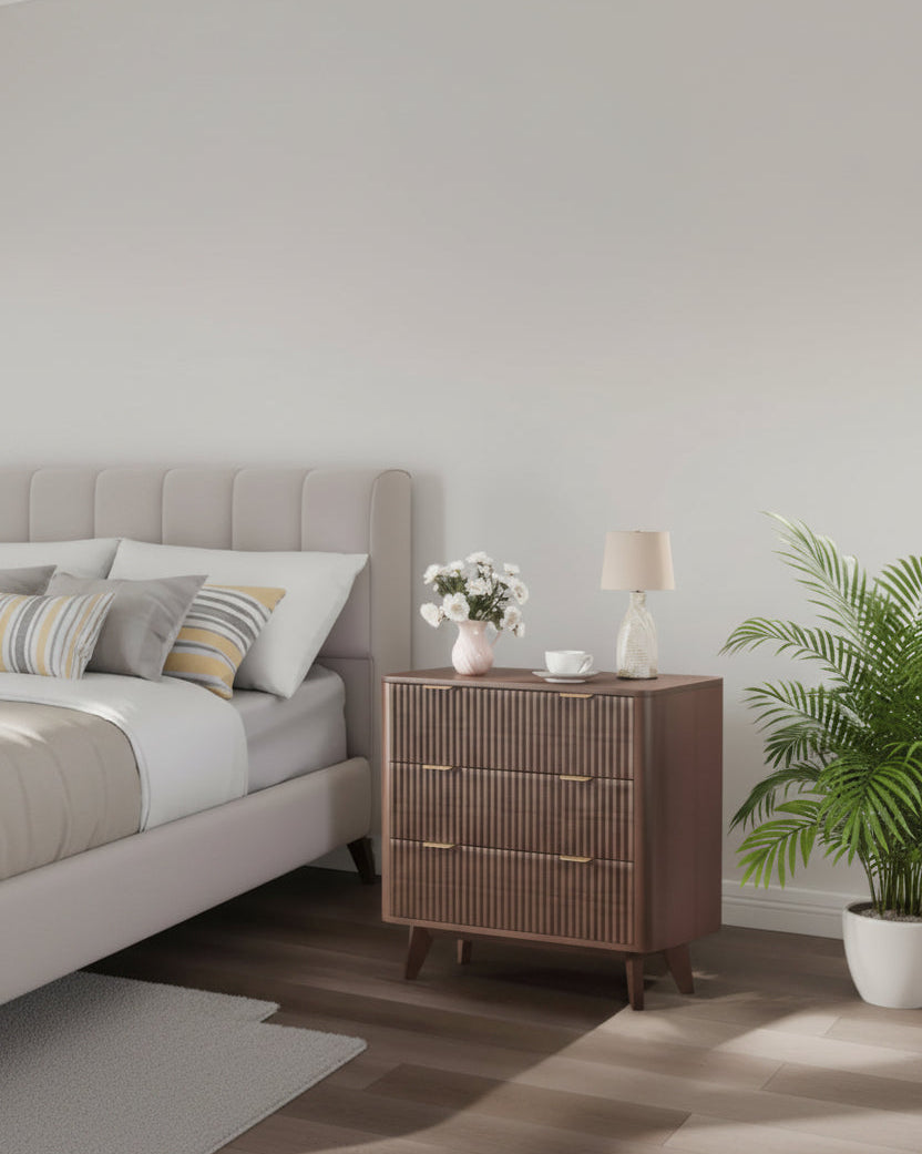 32 Modern Fluted Nightstand - Faux Marble Top & 3 Drawers - Large Walnut Bedside Table for Bedroom, Living Room, Hallway