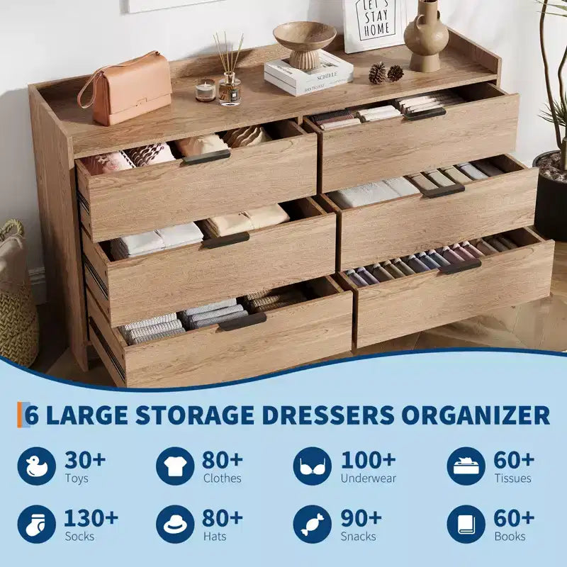 6-Drawer Dresser – 52.5"W x 16"D x 29.5"H, Modern Engineered Wood Chest