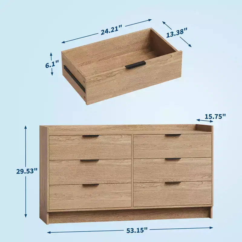 6-Drawer Dresser – 52.5"W x 16"D x 29.5"H, Modern Engineered Wood Chest