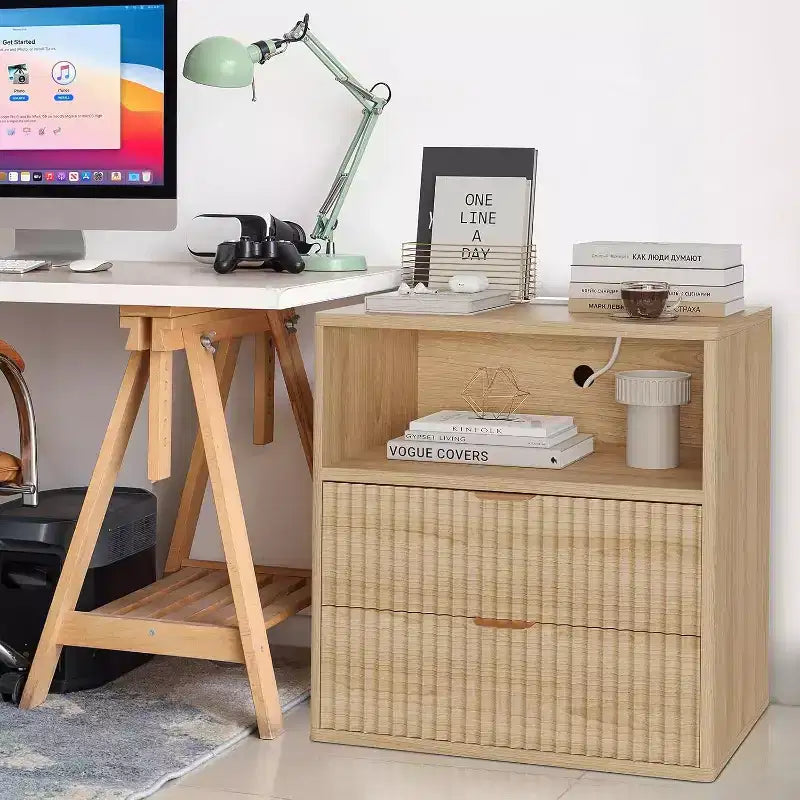 Fluted Farmhouse Nightstand with Charging Station, 23" Mid-Century End Table with 2 Drawers & Open Shelf