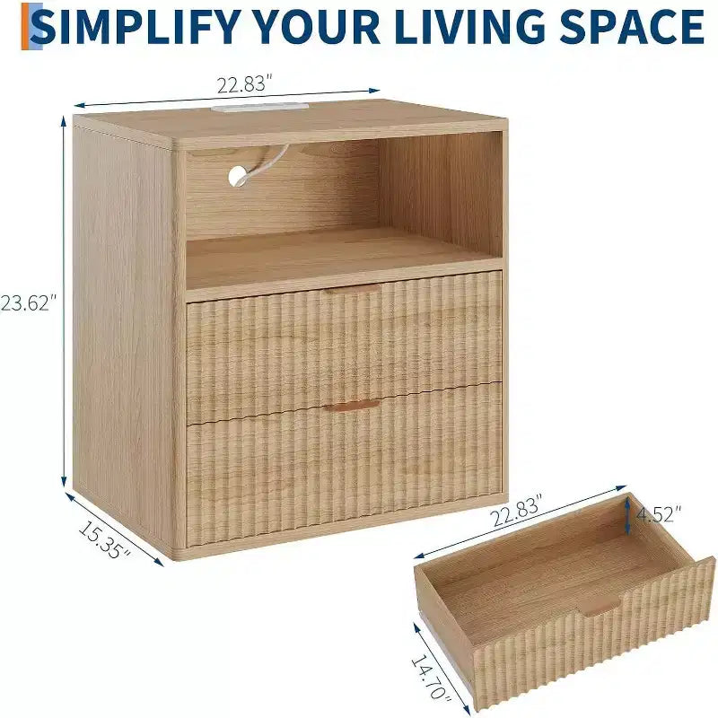Comodino rustico scanalato con stazione di ricarica, comodino Mid-Century da 58 cm con 2 cassetti e ripiano aperto
