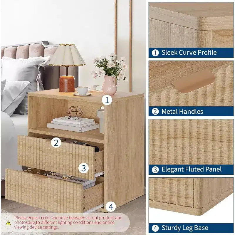 Comodino rustico scanalato con stazione di ricarica, comodino Mid-Century da 58 cm con 2 cassetti e ripiano aperto
