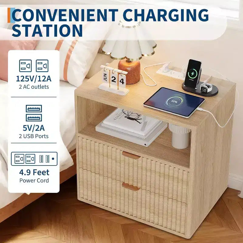 Comodino rustico scanalato con stazione di ricarica, comodino Mid-Century da 58 cm con 2 cassetti e ripiano aperto
