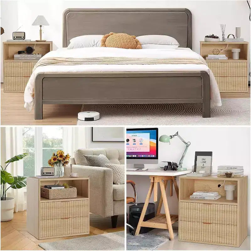 Comodino rustico scanalato con stazione di ricarica, comodino Mid-Century da 58 cm con 2 cassetti e ripiano aperto