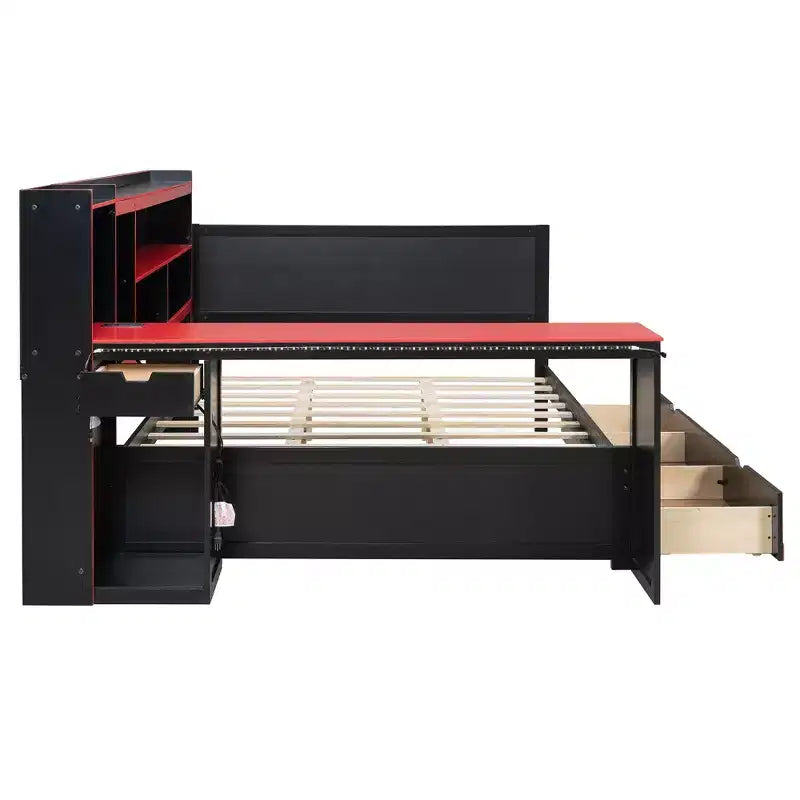 Daybed da gioco completo/queen size con testiera libreria, luci LED, scrivania integrata, cassetti e stazione di ricarica