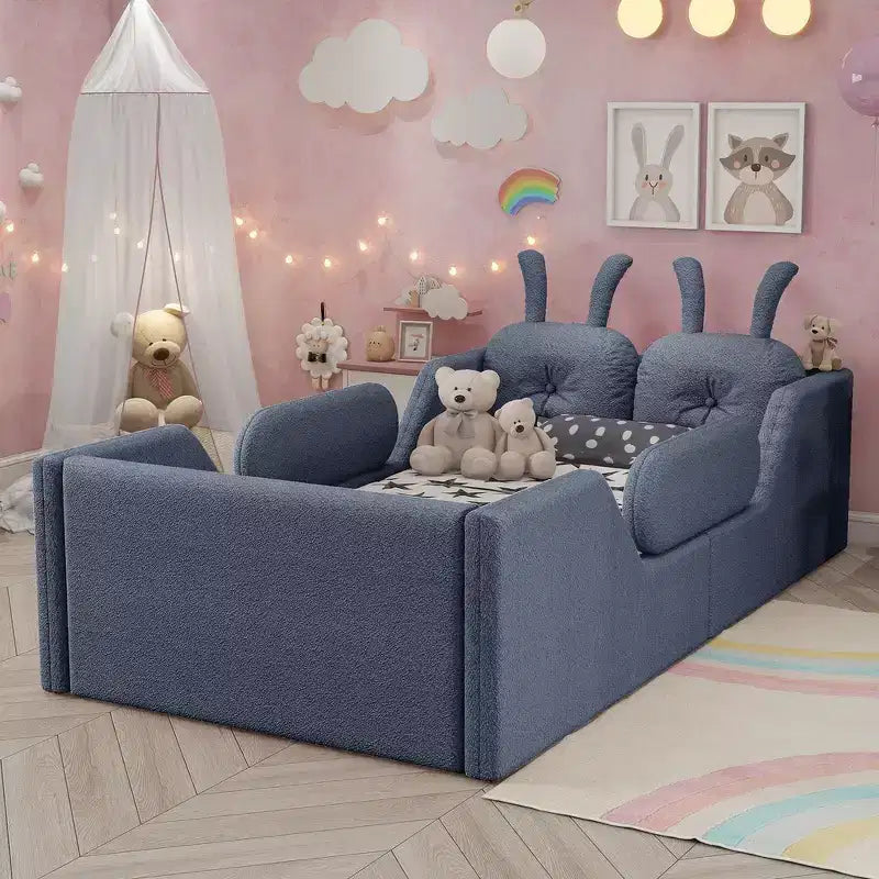 Whisen Twin - Letto a piattaforma, Letto imbottito da pavimento per bambini con cuscino a coniglio, Sponde laterali rimovibili