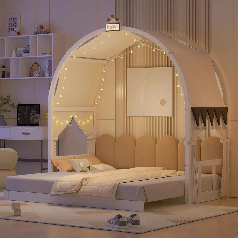 Letto a piattaforma in legno massiccio a forma di casetta, letto Montessori a terra con tetto ad arco e letto estraibile per bambine e bambini