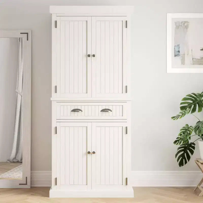 Mobile credenza dispensa da cucina, stile nautico costiero – bianco sporco, 183 cm (A) x 76 cm (L) x 41 cm (P), legno massello, 4 ante, 1 cassetto