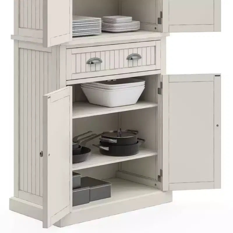 Mobile credenza dispensa da cucina, stile nautico costiero – bianco sporco, 183 cm (A) x 76 cm (L) x 41 cm (P), legno massello, 4 ante, 1 cassetto
