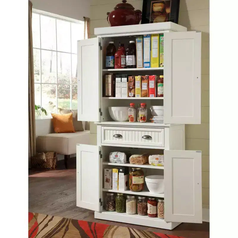 Nautical Coastal Kitchen Pantry Cabinet – Off White, 72"H x 30"W x 16"D, Hardwood, 4 Doors, 1 Drawer