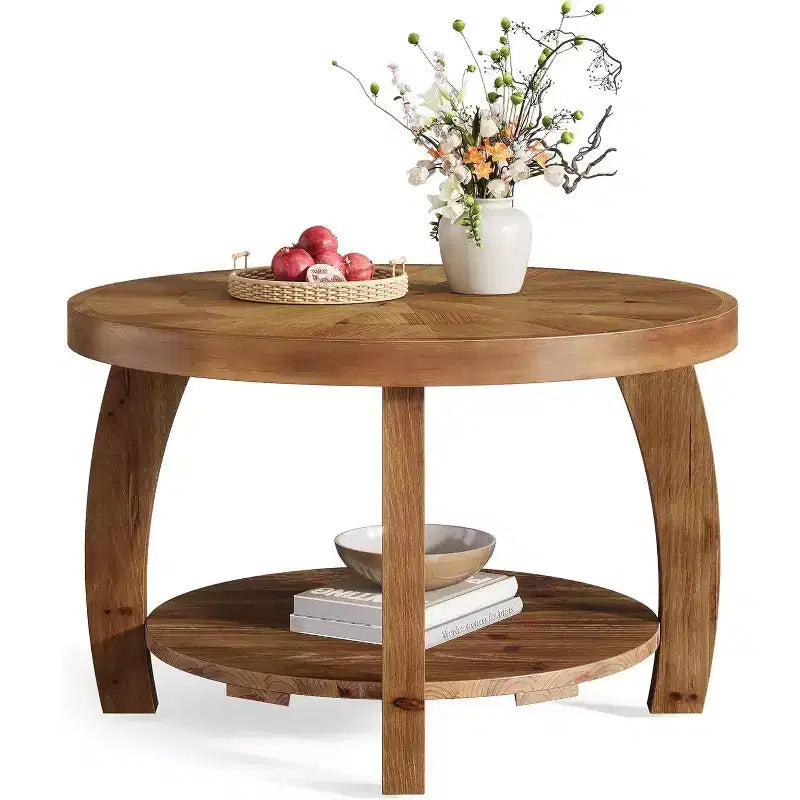 Table basse ronde en bois massif Lantine, table centrale à 2 niveaux avec rangement, plateau de 80 cm avec motif mosaïque, assemblage facile, pour salon, marron