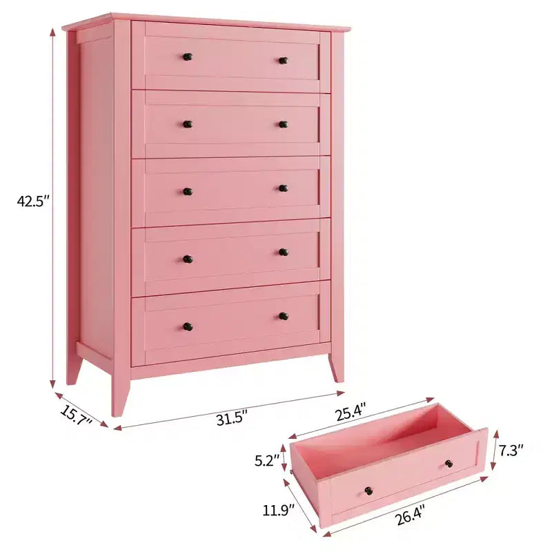 Comò a 5 cassetti alto 108 cm per camera da letto, mobile contenitore in legno con cassetti profondi 30 cm e pomelli in metallo dorato, ideale per ingresso o corridoio