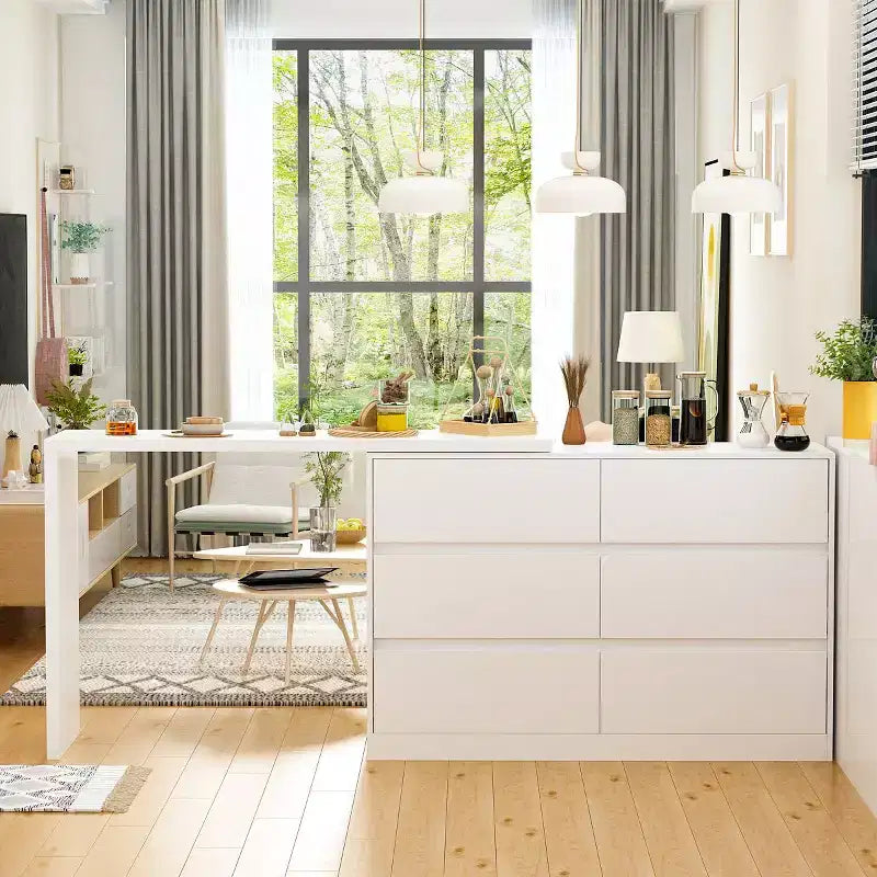 Credenza/Mobile Buffet Intelligente Girevole/Allungabile con 6 Cassetti, Piano d'Appoggio Estensibile, Tappetino Antiscivolo, Tavolo da Pranzo Girevole, Dispensa ad Isola per Cucina