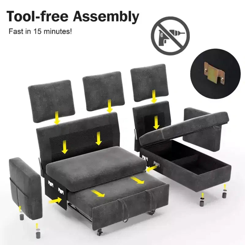 Divano Letto Estraibile 2 in 1 con Chaise Longue Contenitore, Divano Componibile in Ciniglia con Porte USB per Soggiorno