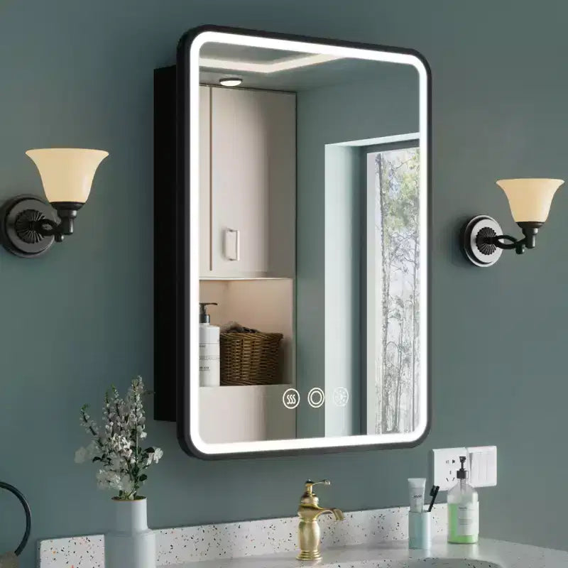 Mobiletto a specchio a LED nero/bianco/oro, anta singola, cerniera sinistra o destra, a incasso o a parete