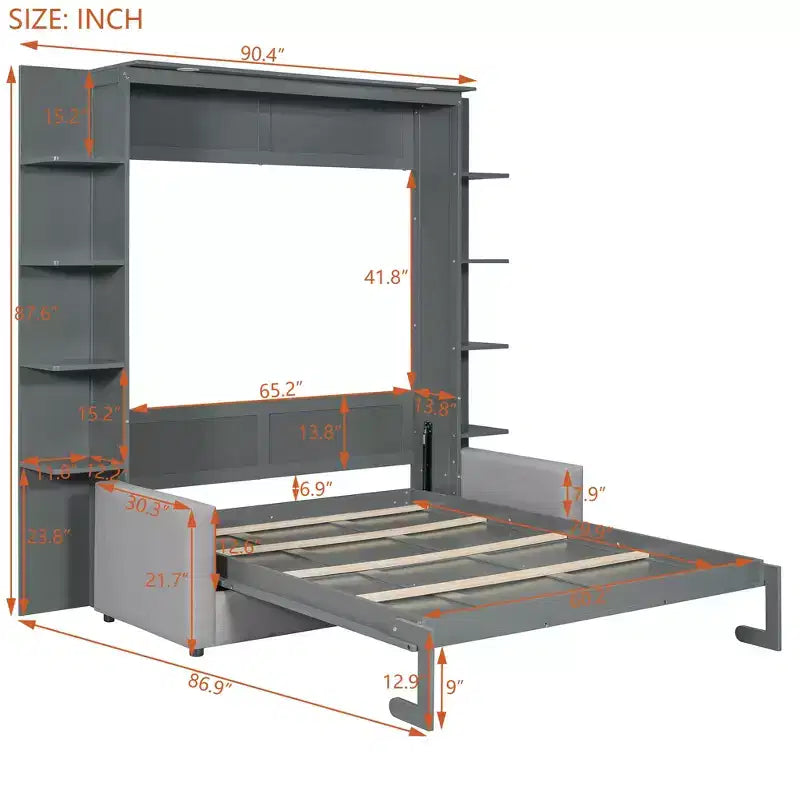 Letto a muro a scomparsa Whisen Modern Design con struttura in legno, Queen Size, con divano e mensole