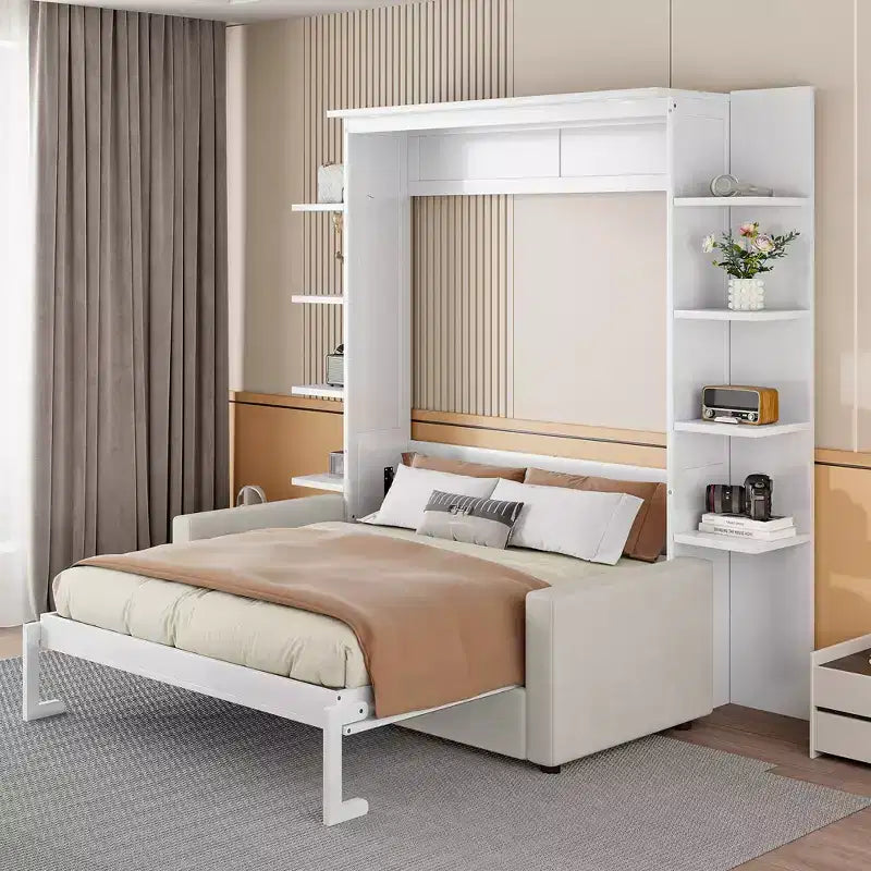 Letto a scomparsa Queen Murphy con divano, letto a scomparsa Queen Size con armadio, letto a parete pieghevole con libreria e mensole per camera degli ospiti o ufficio