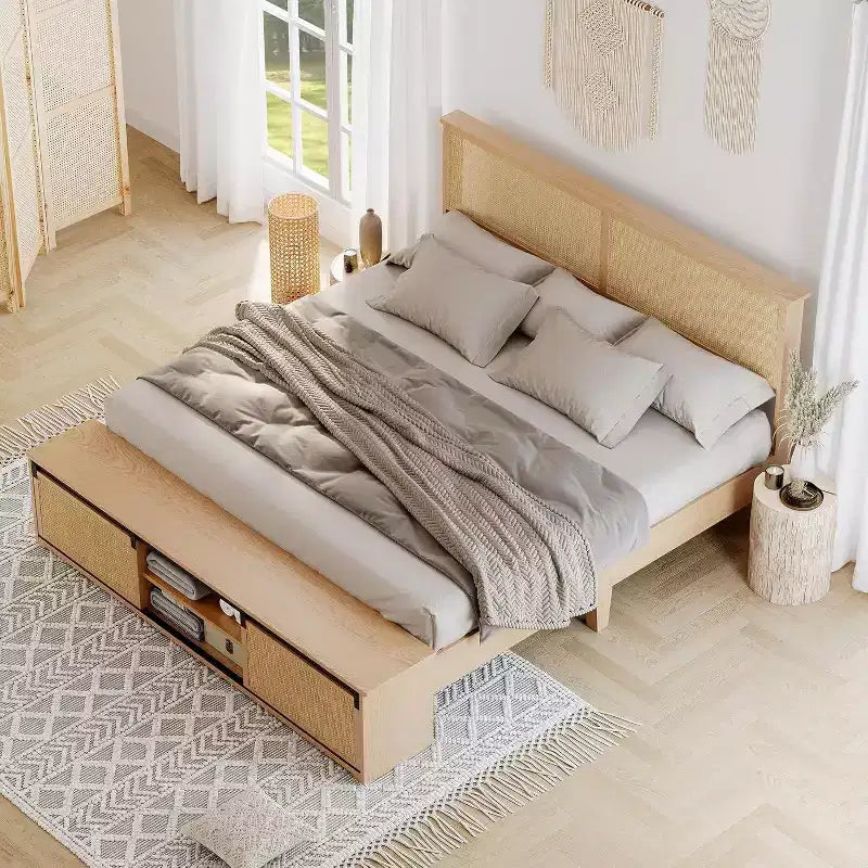 Struttura Letto Boho Farmhouse in Rattan Naturale, Testiera con Luci LED e Cassettiere a Scomparsa, Gambe di Supporto in Legno Massello.