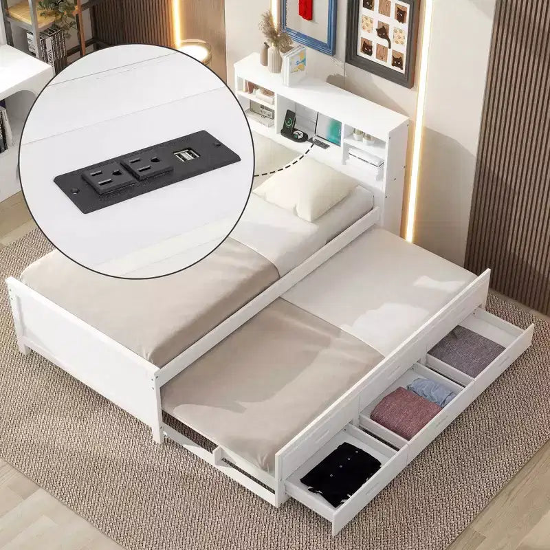 Letto a piattaforma con letto estraibile e cassetti, Letto a piattaforma contenitore con USB, Letto a piattaforma in legno con libreria