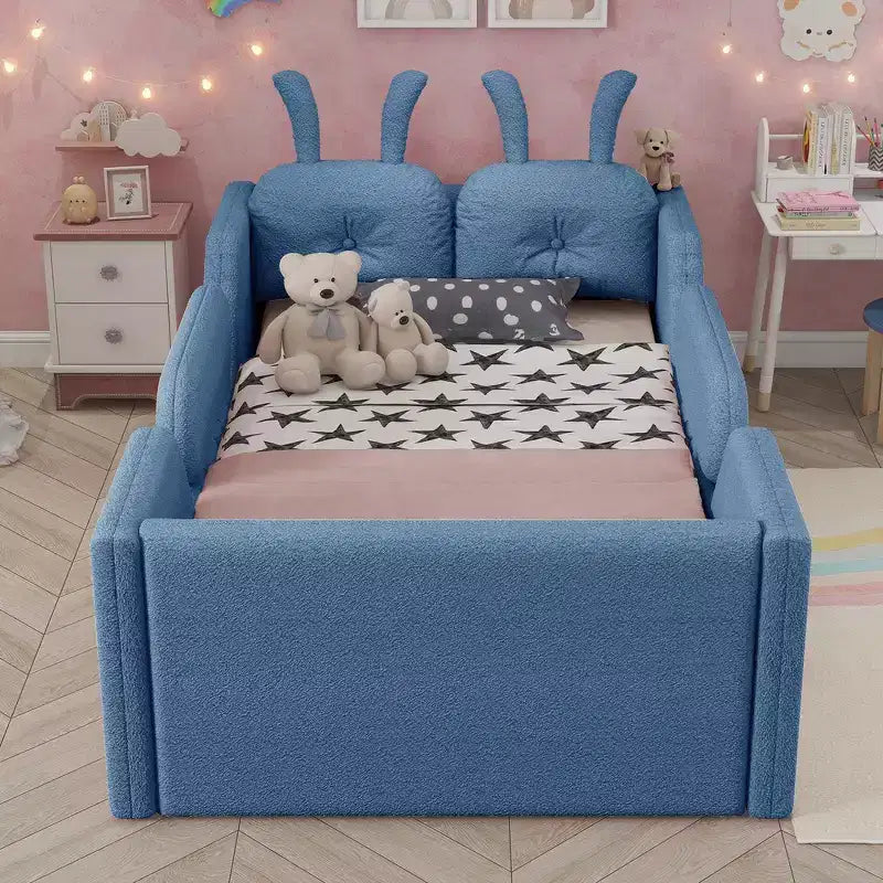 Whisen Twin - Letto a piattaforma, Letto imbottito da pavimento per bambini con cuscino a coniglio, Sponde laterali rimovibili