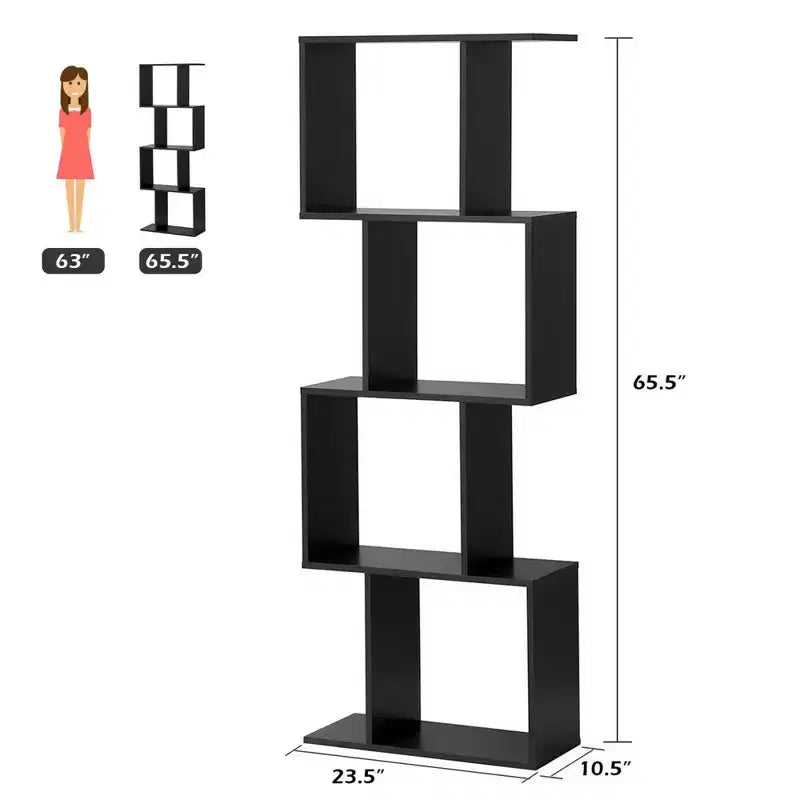 Libreria a 4 ripiani a forma di S, Scaffale portaoggetti autoportante, Nero