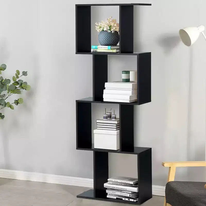 Libreria a 4 ripiani a forma di S, Scaffale portaoggetti autoportante, Nero