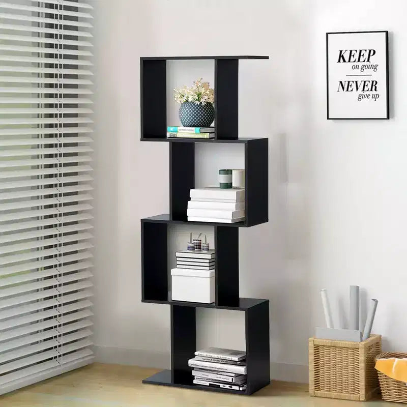 4-Tier S-Shaped Bookcase, Free Standing Storage Rack, Black