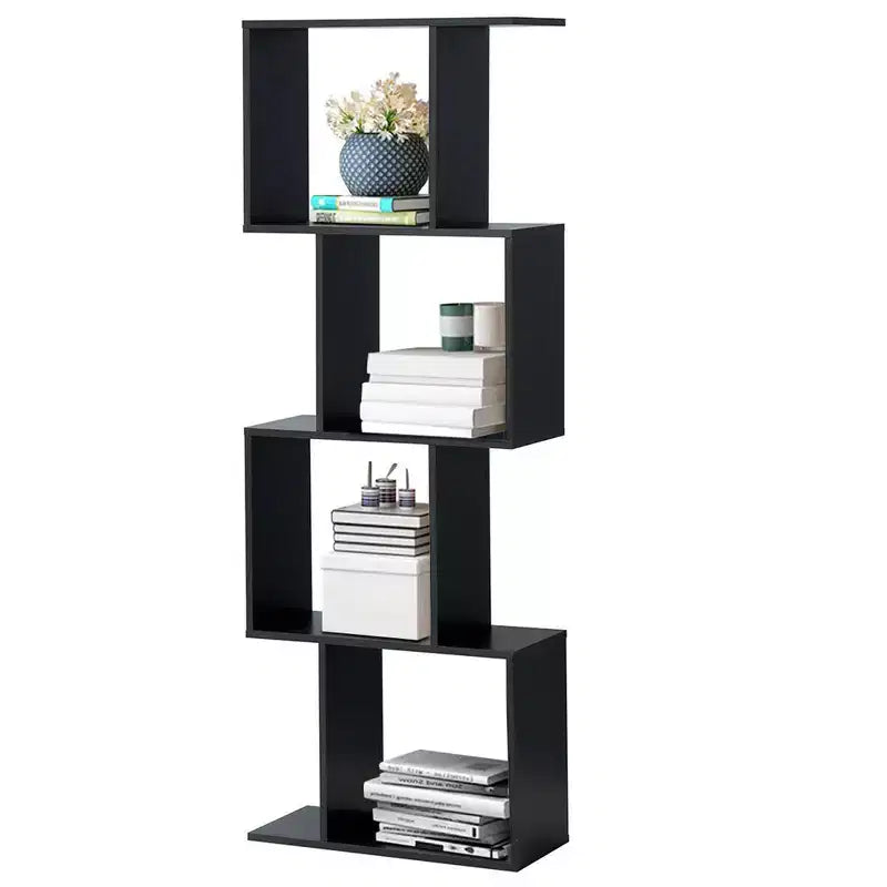 Libreria a 4 ripiani a forma di S, Scaffale portaoggetti autoportante, Nero