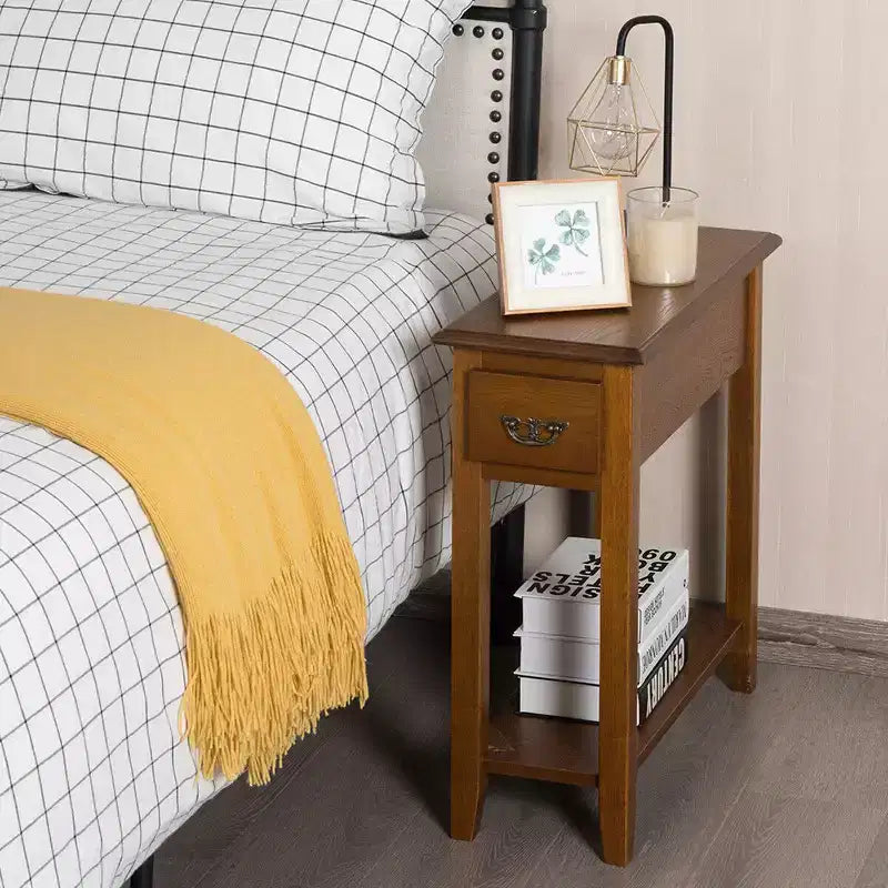 Tavolino d'appoggio Stretto con Cassetto e Ripiano Aperto, Comodino da 60 cm per Camera da Letto e Soggiorno