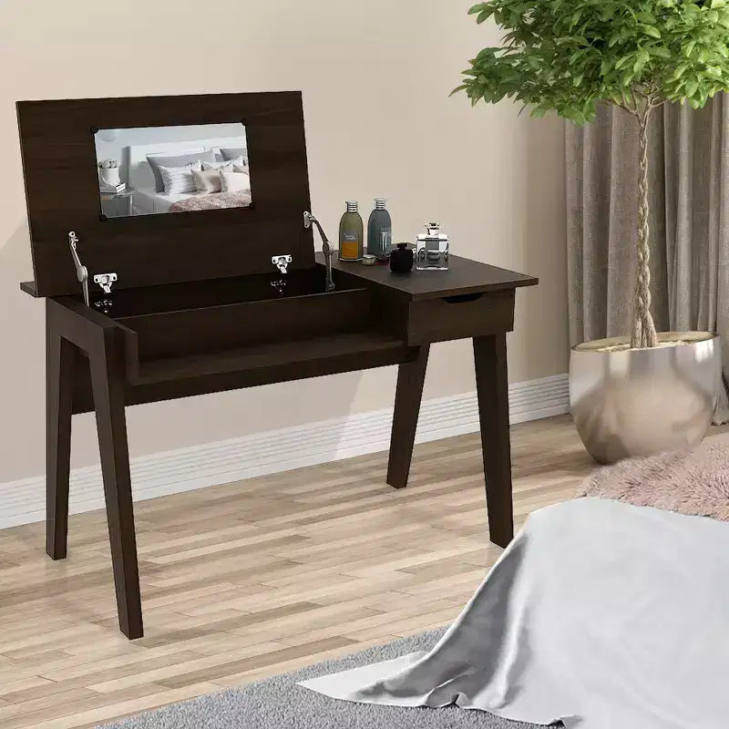 Vanity Table with Flip Mirror and Writing Desk, Walnut