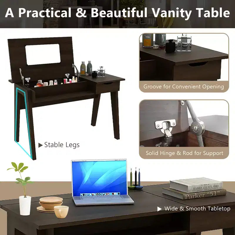 Vanity Table with Flip Mirror and Writing Desk, Walnut