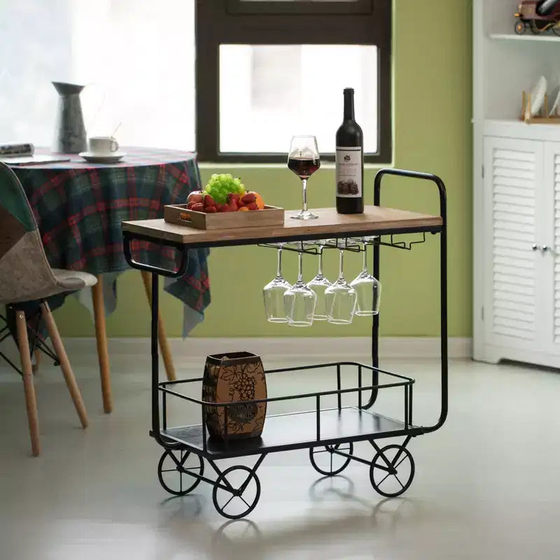 Metal Wine Bar Serving Cart with Rolling Wheels, Wine Rack & Glass Holder – 32.5"W x 13"D x 25"H